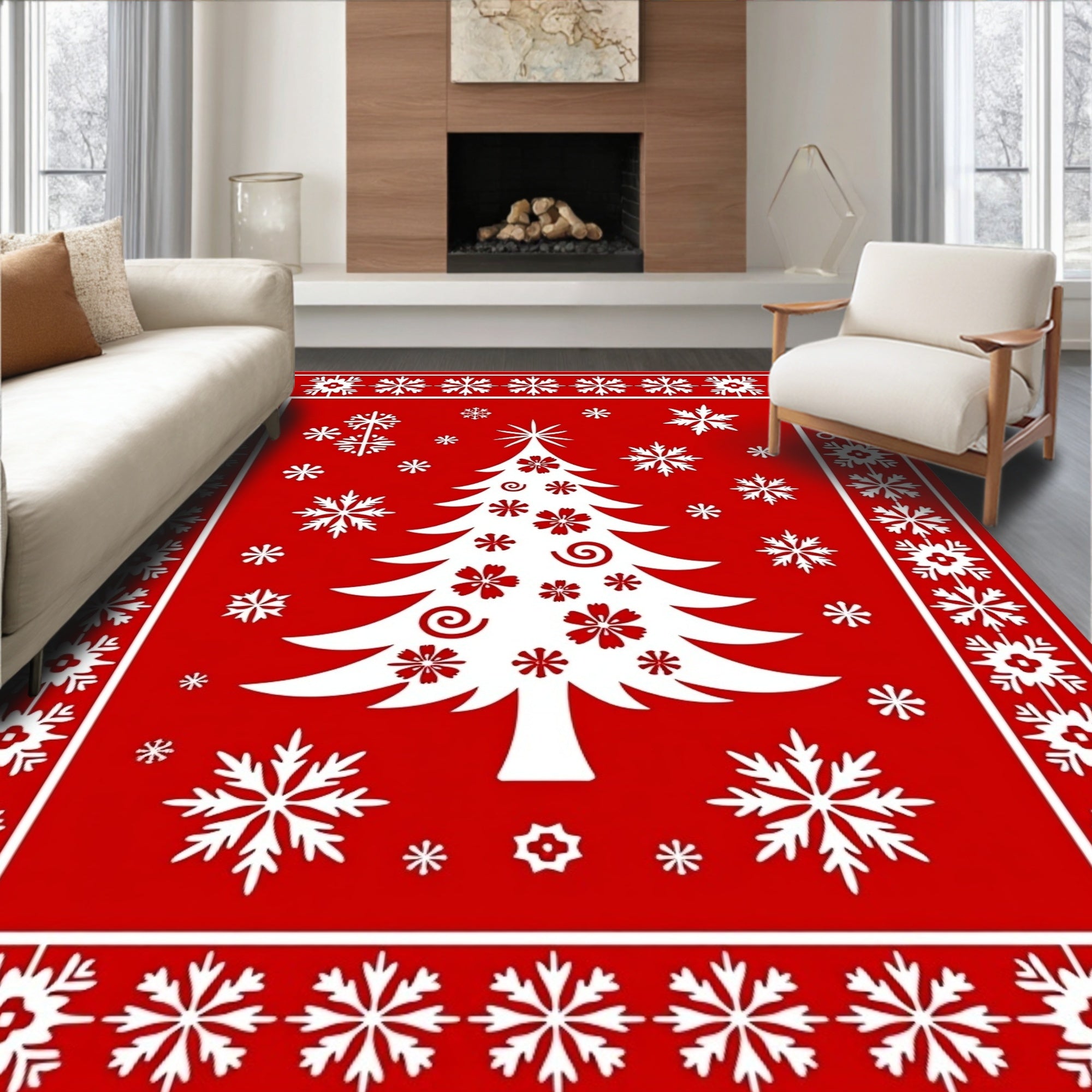 Festive Red White Tree Snowflakes Pattern Rug