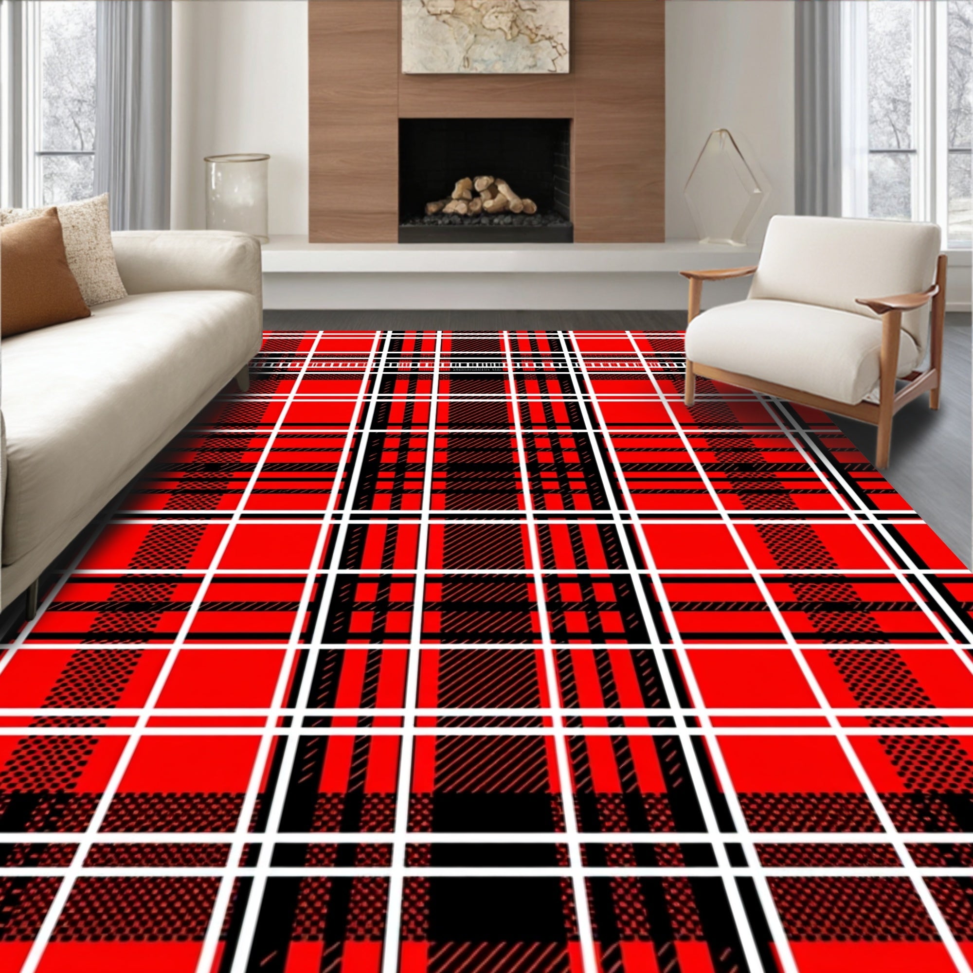 Bold Red Black White Plaid Pattern Rug