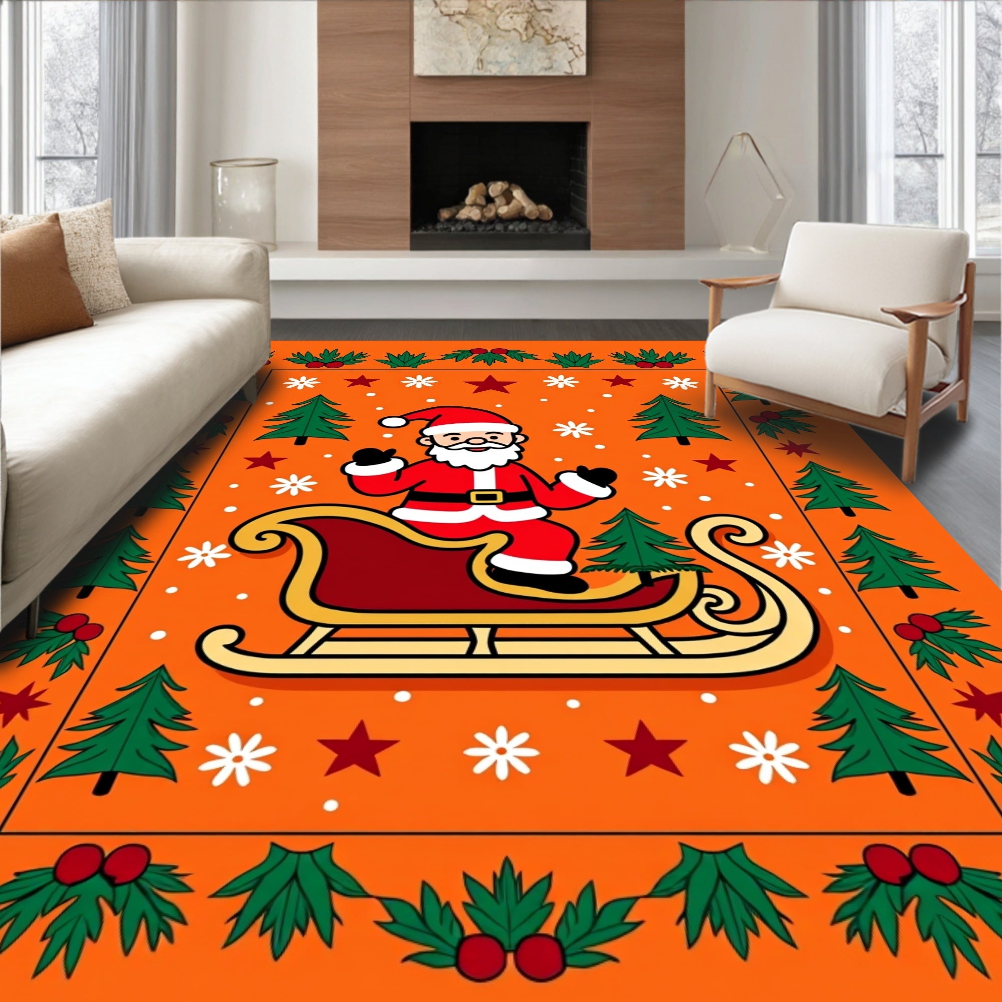 Festive Santa Sleigh Christmas Design Rug