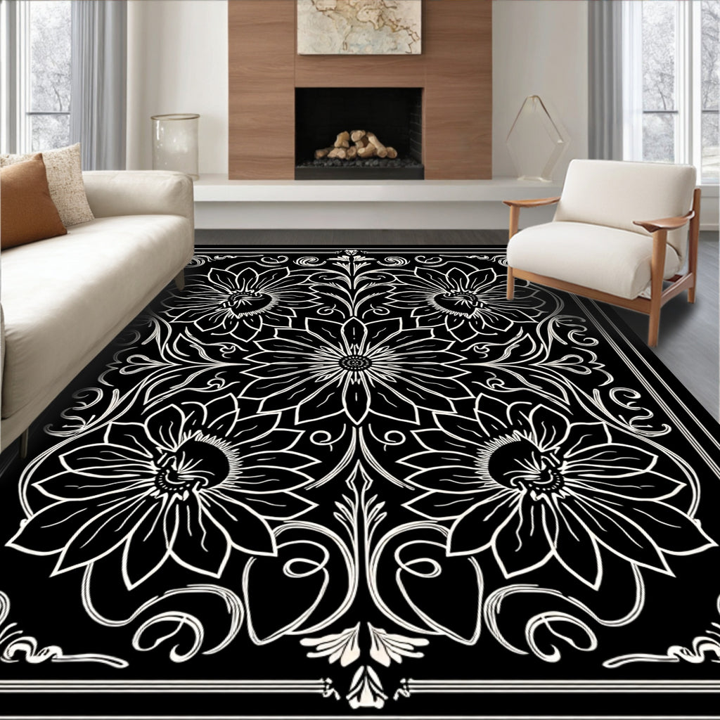 Black Ivory Floral Scroll Rug