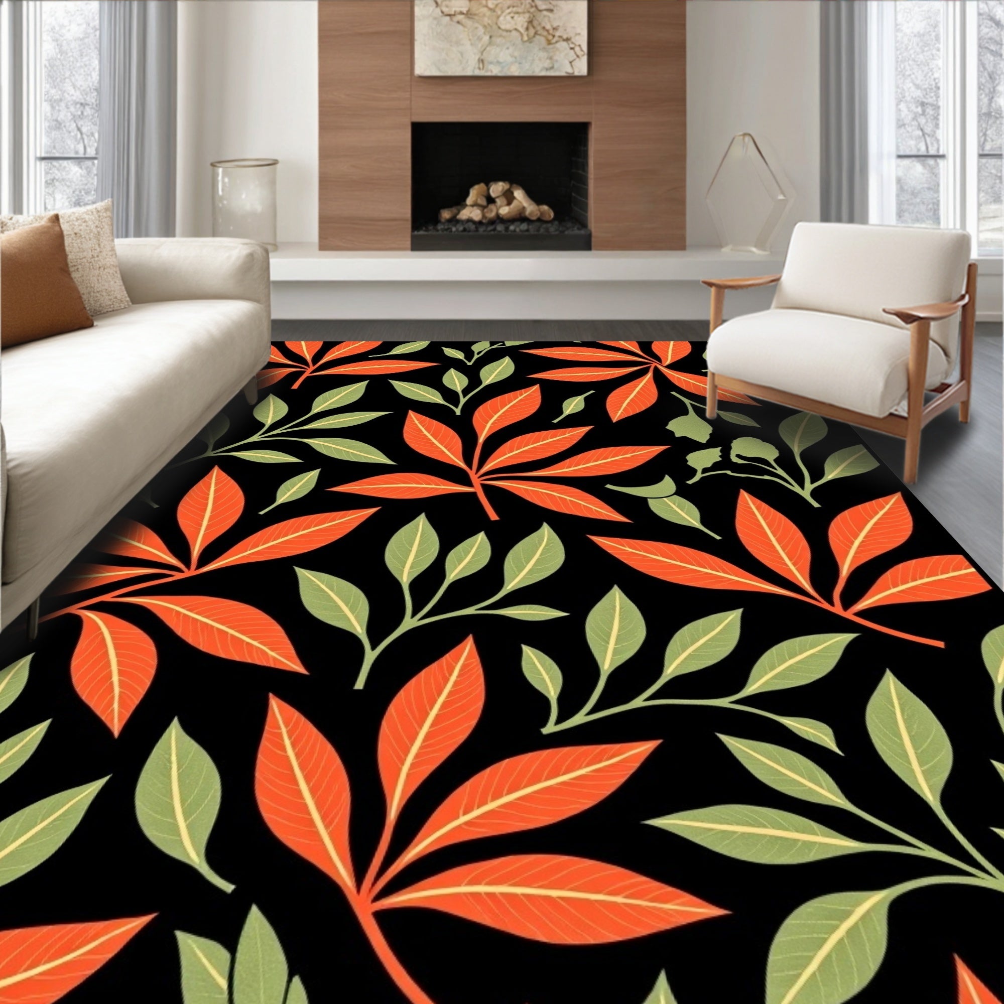 Vibrant Orange and Green Leaf Pattern Rug