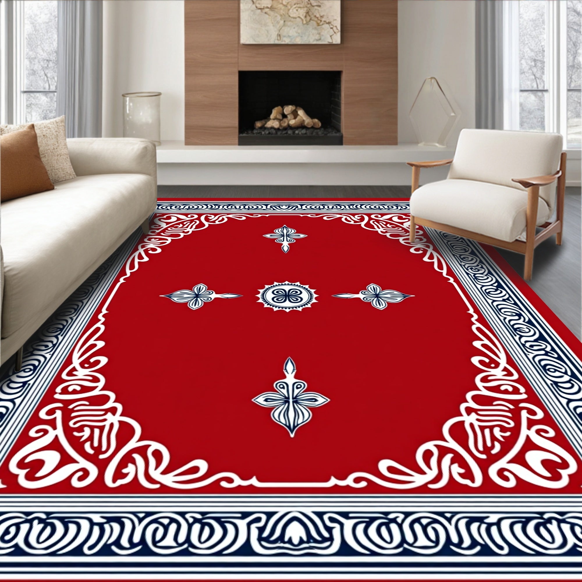 Classic Red White Blue Floral Medallion Rug
