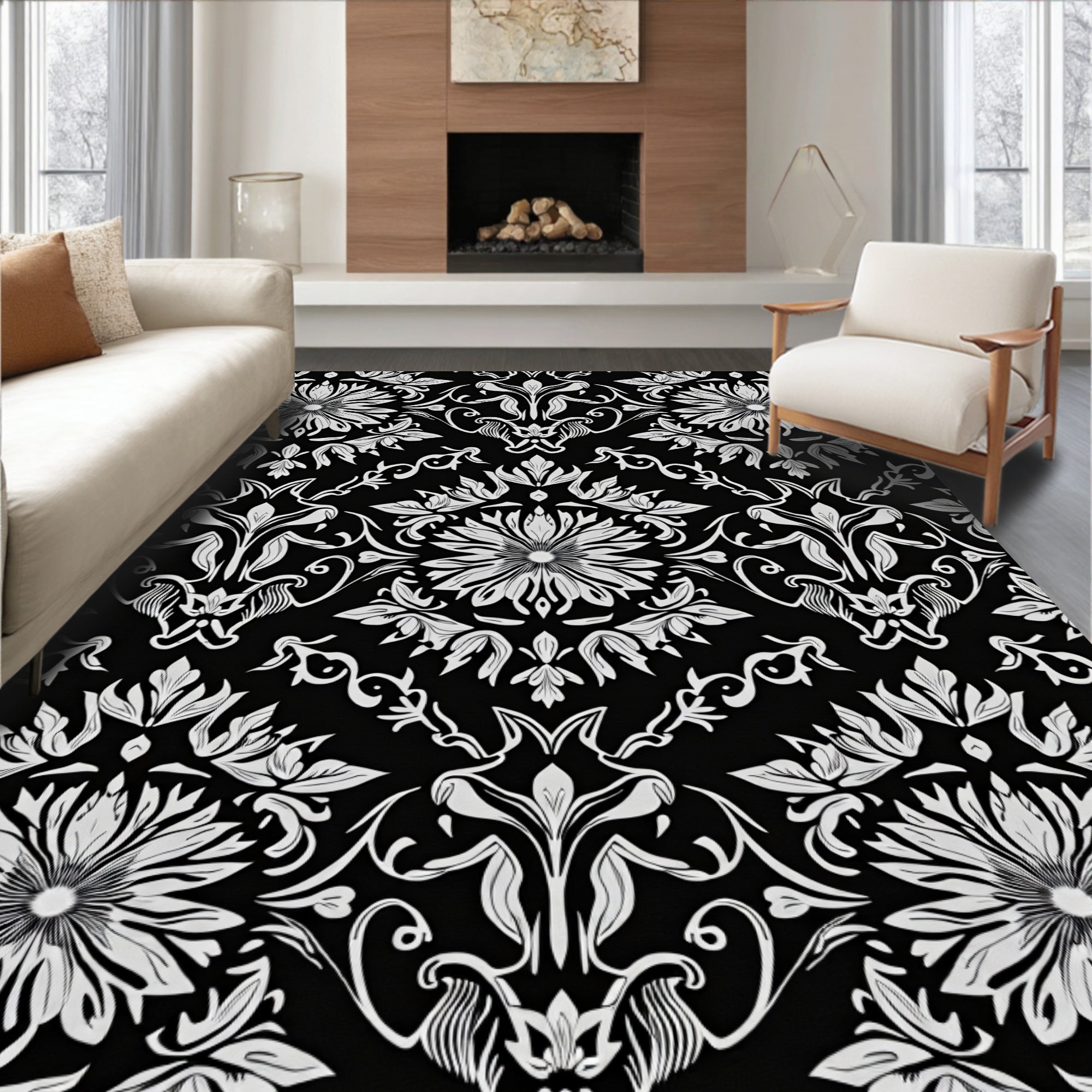 Classic Black White Floral Damask Rug