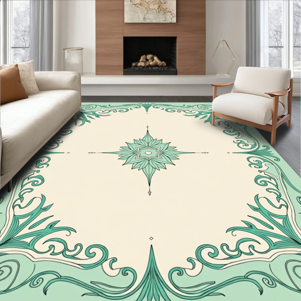 Art Nouveau Floral Swirl Teal Border Rug