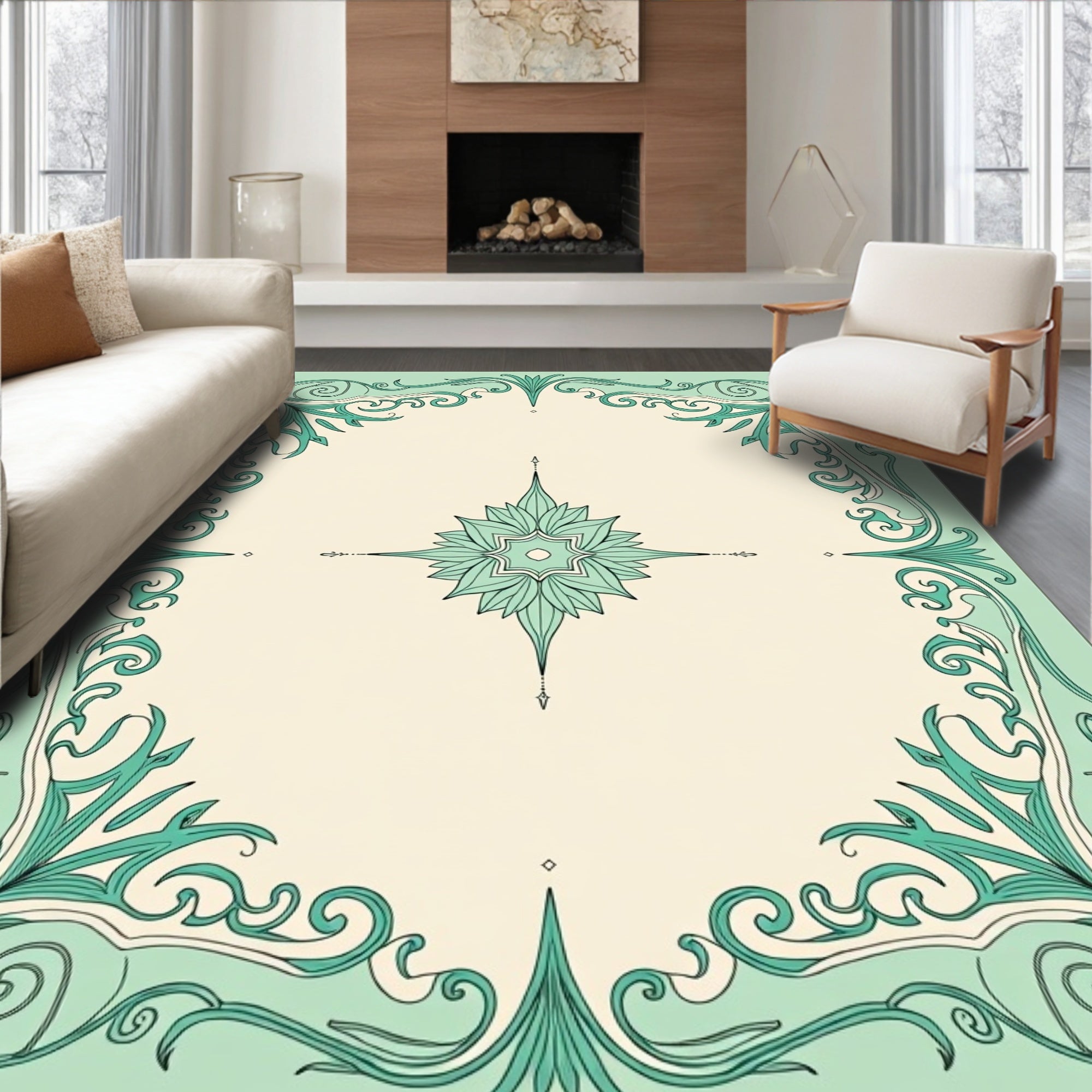 Art Nouveau Floral Swirl Teal Border Rug