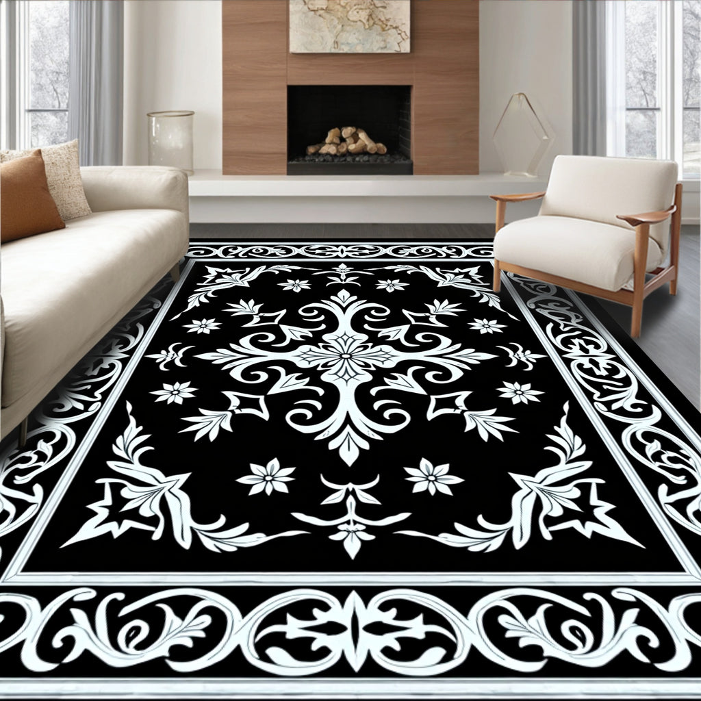 Ornate Black White Floral Medallion Rug