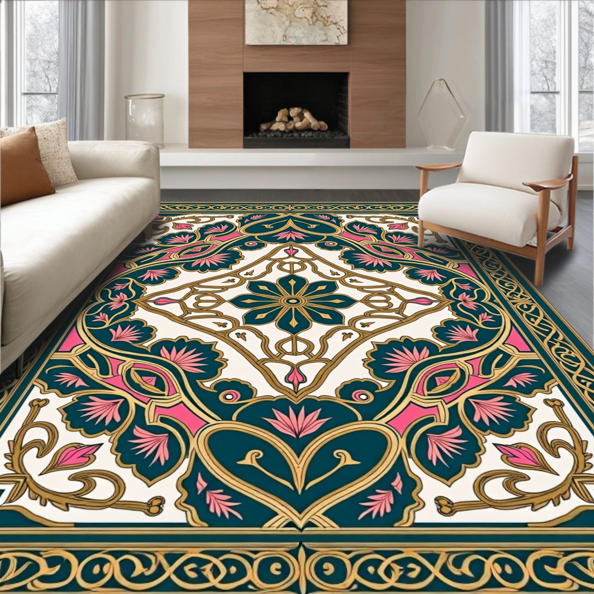 Ornate Teal Pink and Gold Design Rug