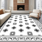 Intricate Black Floral Motif Bordered Rug