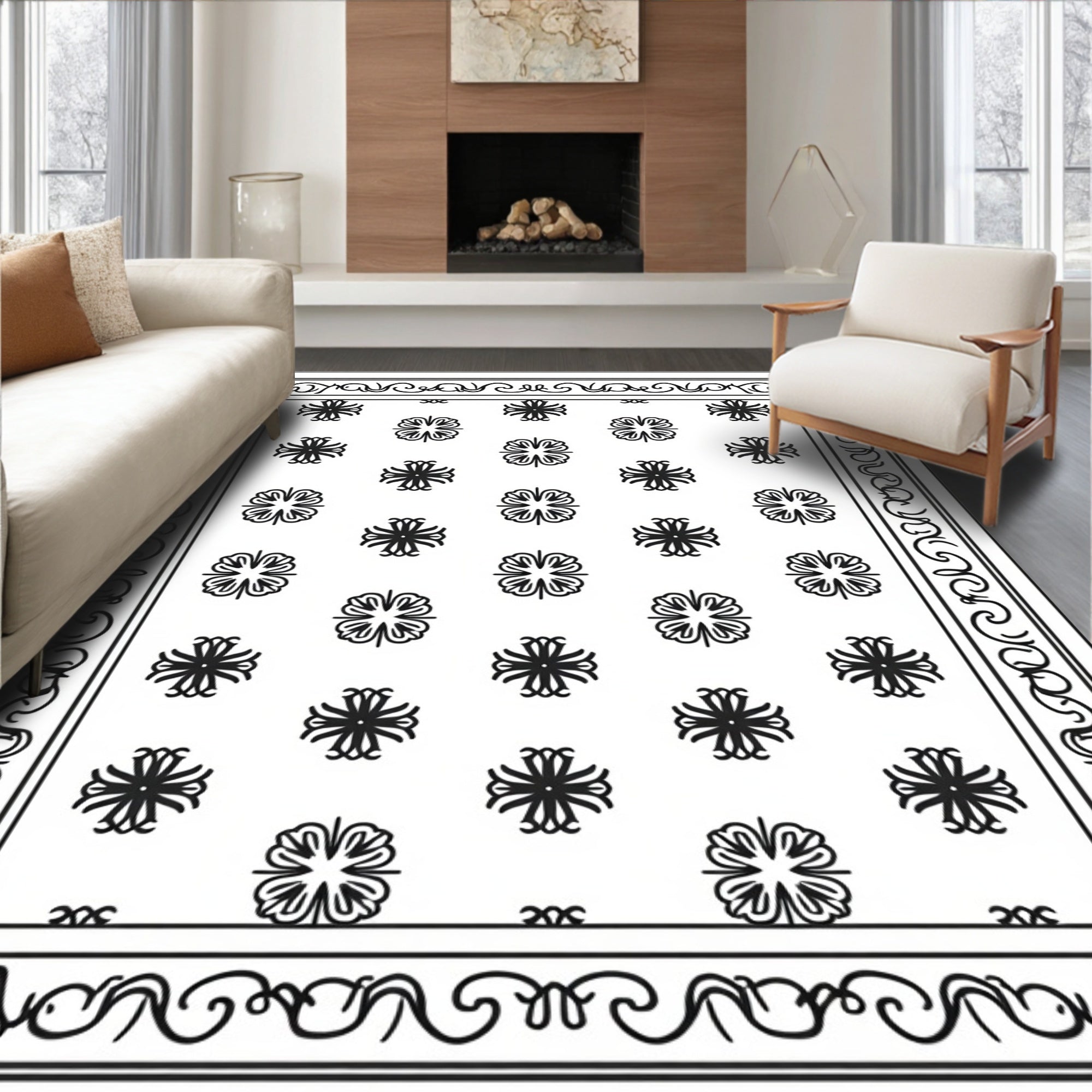 Intricate Black Floral Motif Bordered Rug