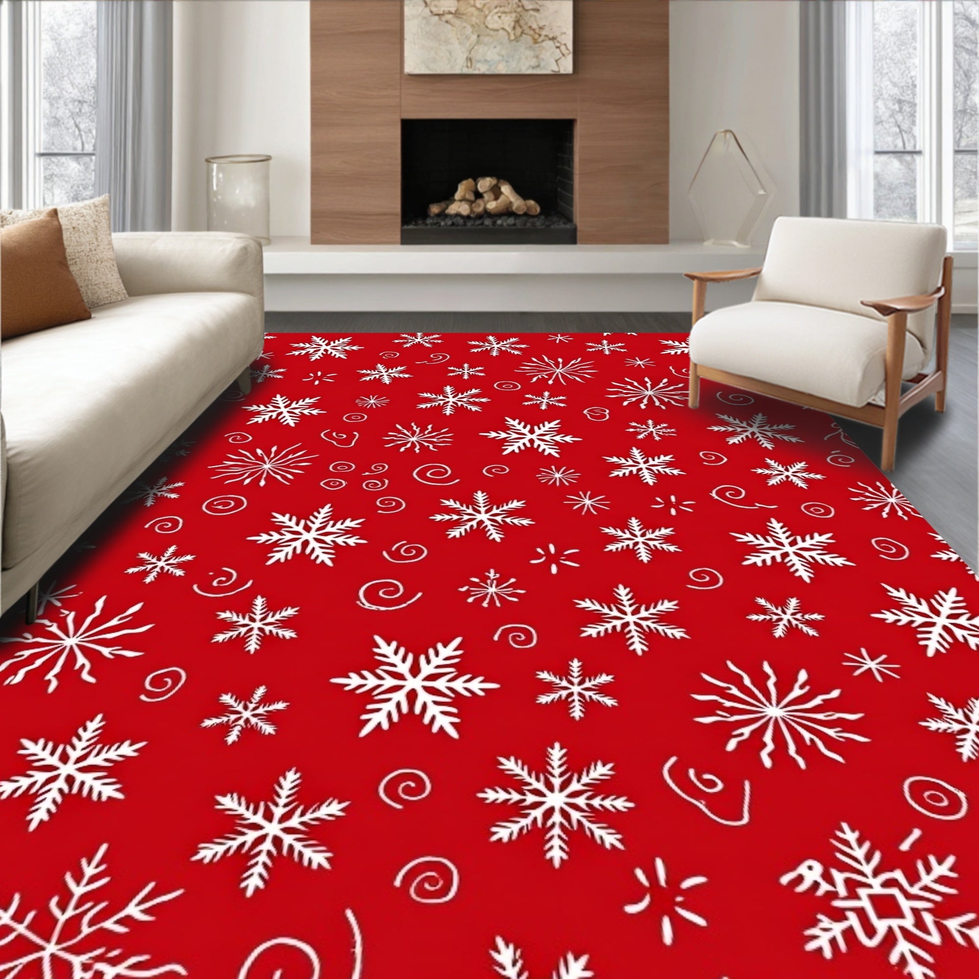 White Snowflake Swirl Red Pattern Rug