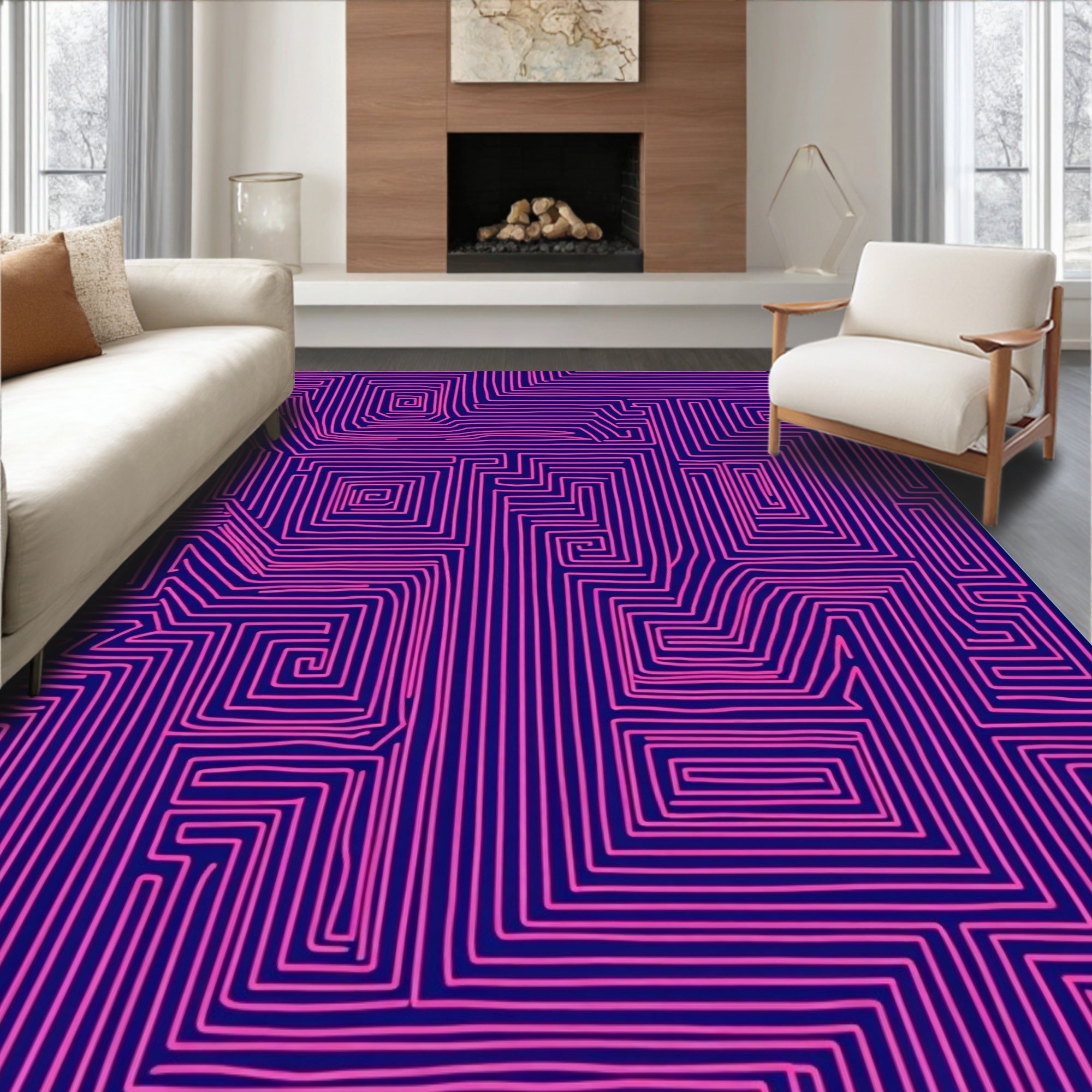 Pink Line Art Maze Pattern Rug