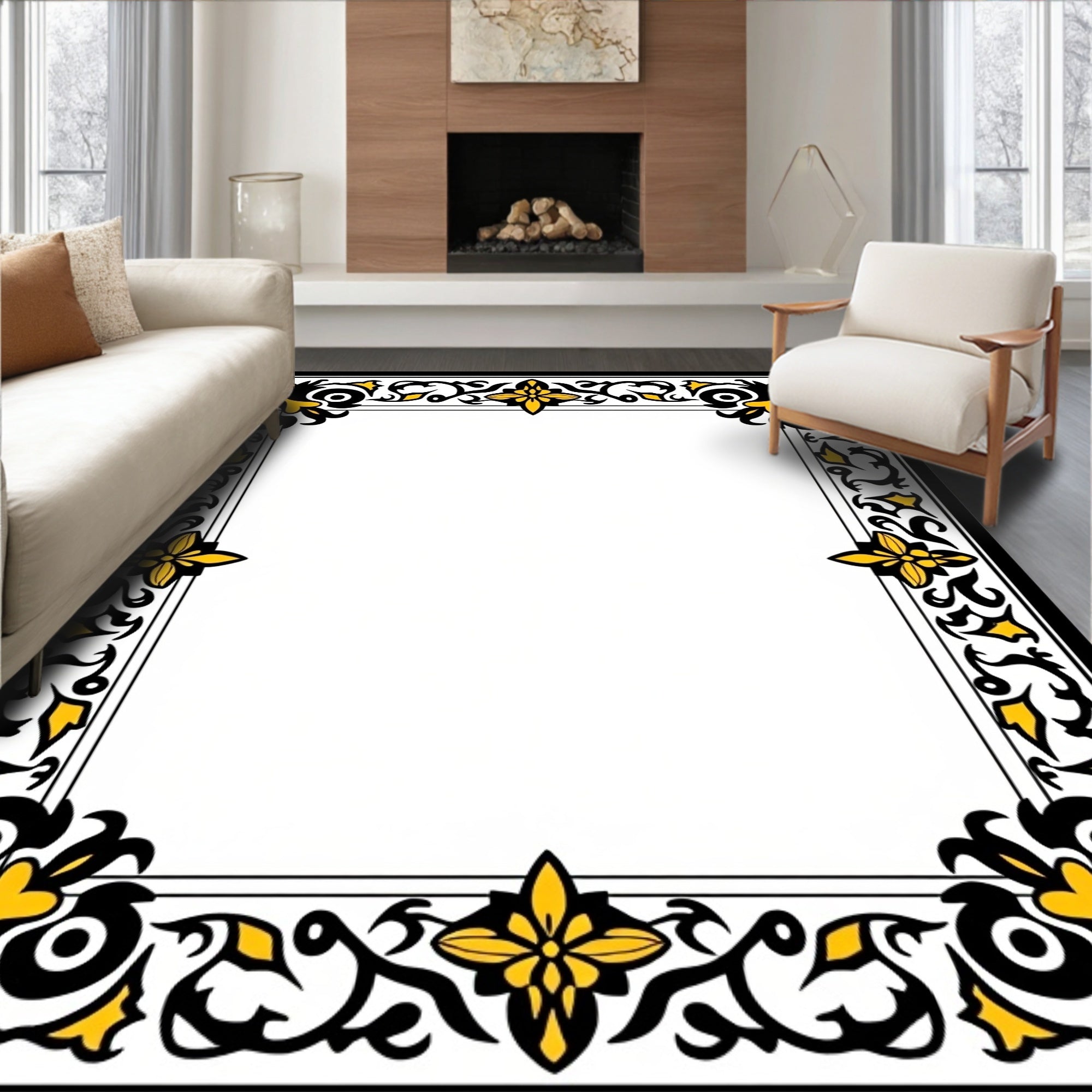 Black Yellow Floral Scroll Border Rug