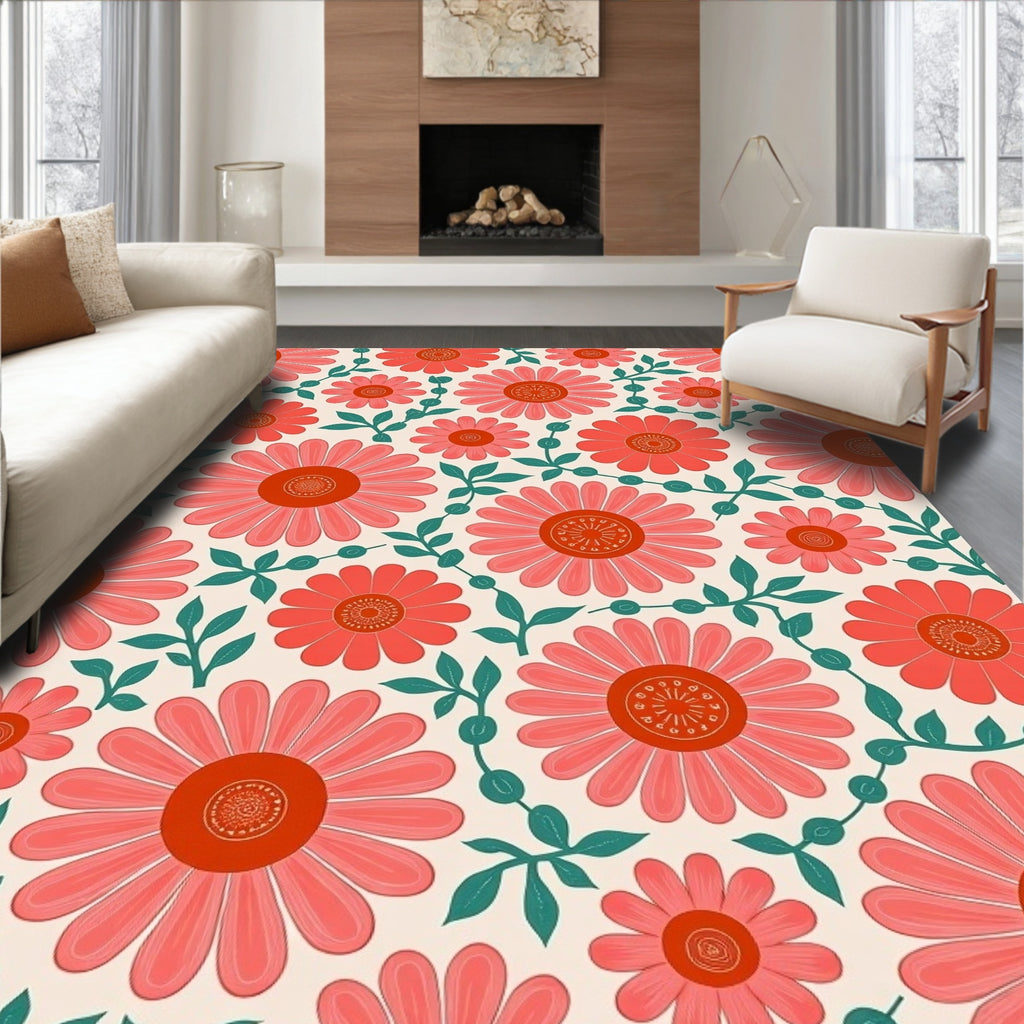 Coral Daisy Floral Pattern Rug