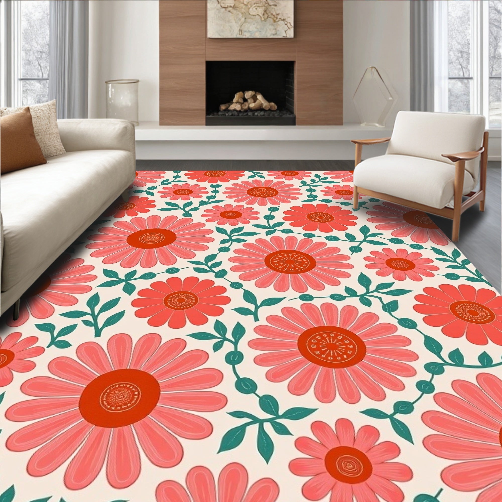 Coral Daisy Floral Pattern Rug