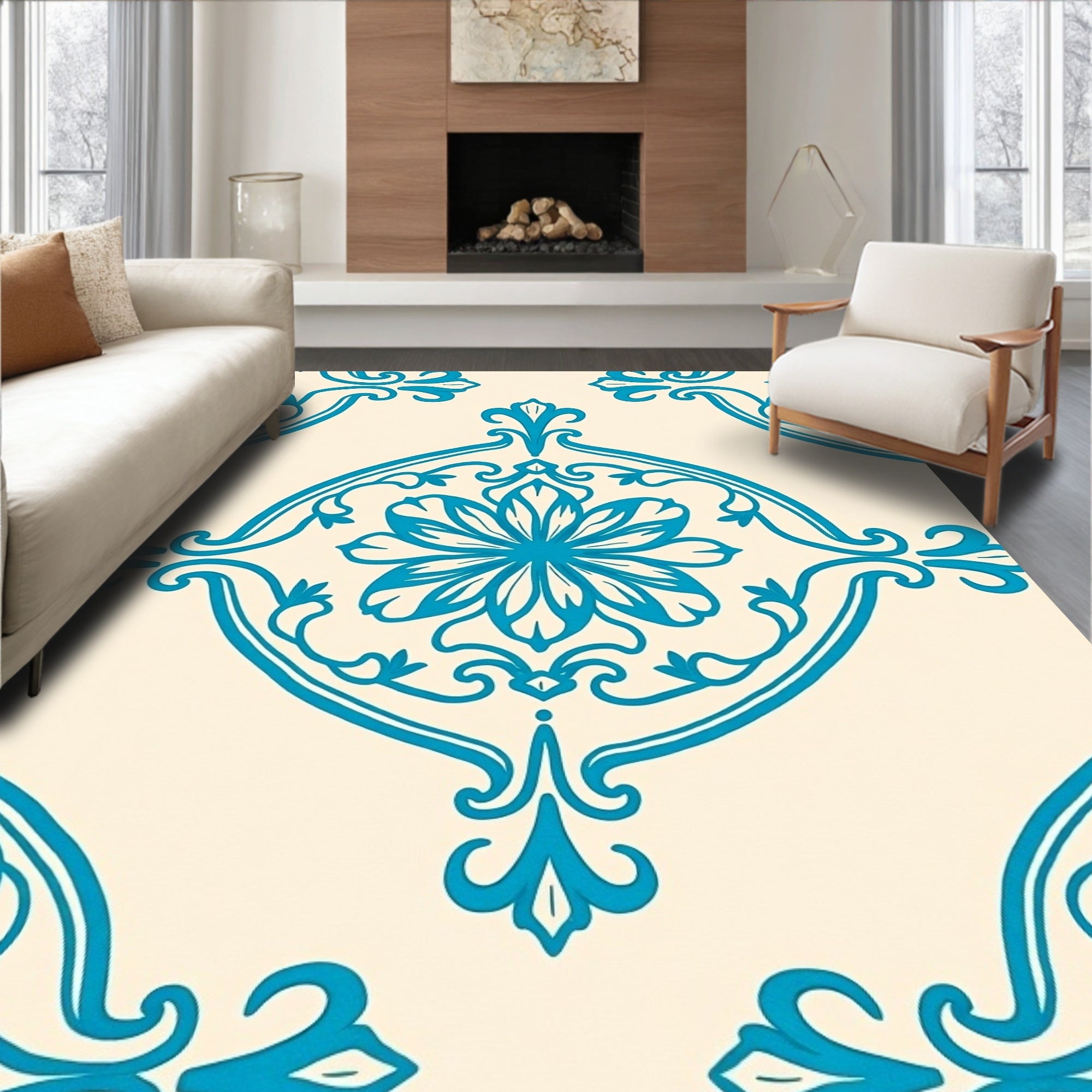 Aqua Floral Damask Overlay Rug