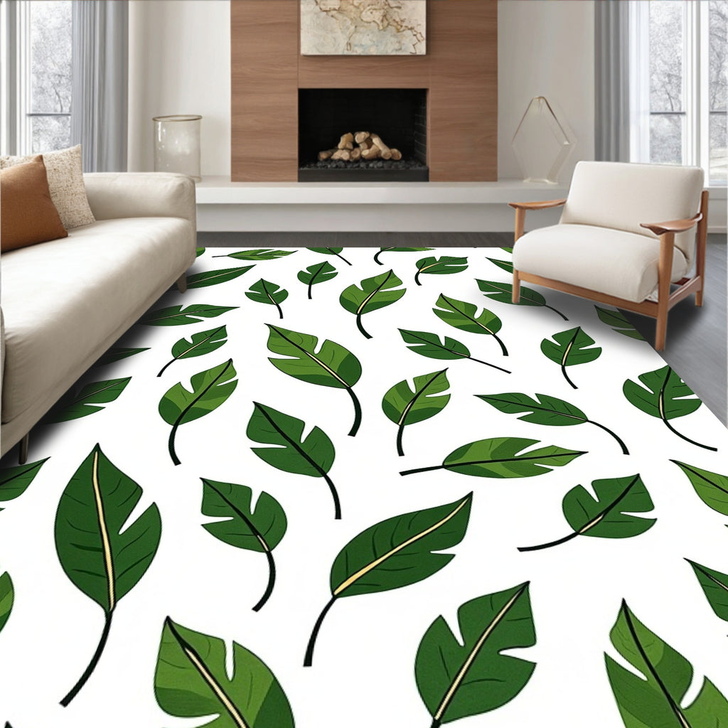 Green Tropical Leaf Pattern Rug