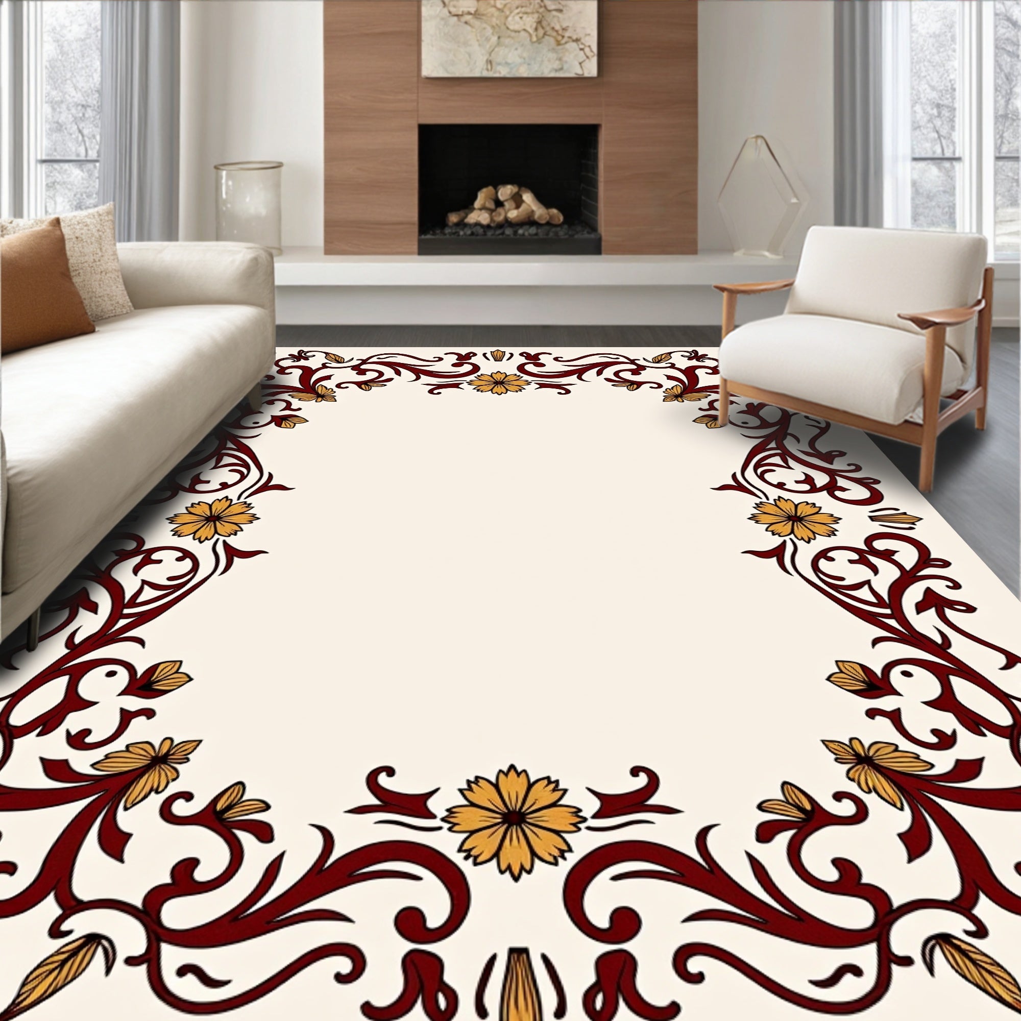 Ornate Floral Vine Border Design Rug