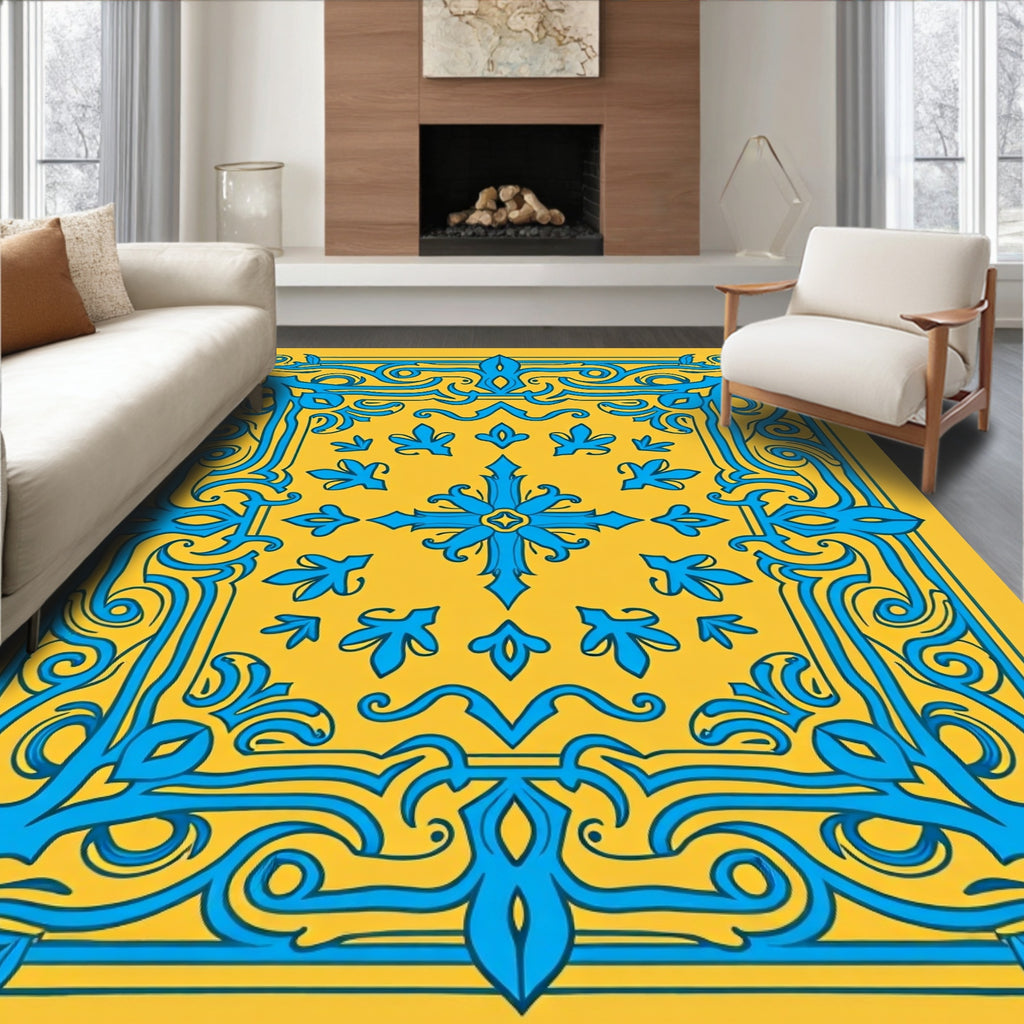 Ornate Blue Floral Yellow Pattern Rug