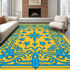 Ornate Blue Floral Yellow Pattern Rug