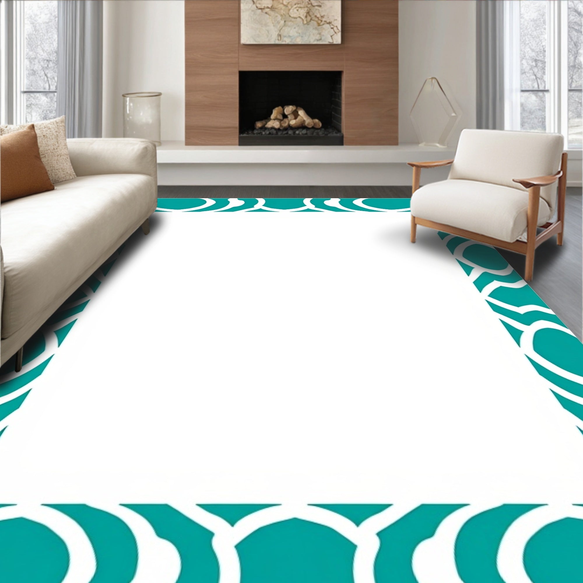 Teal And White Modern Geometric Design Rug
