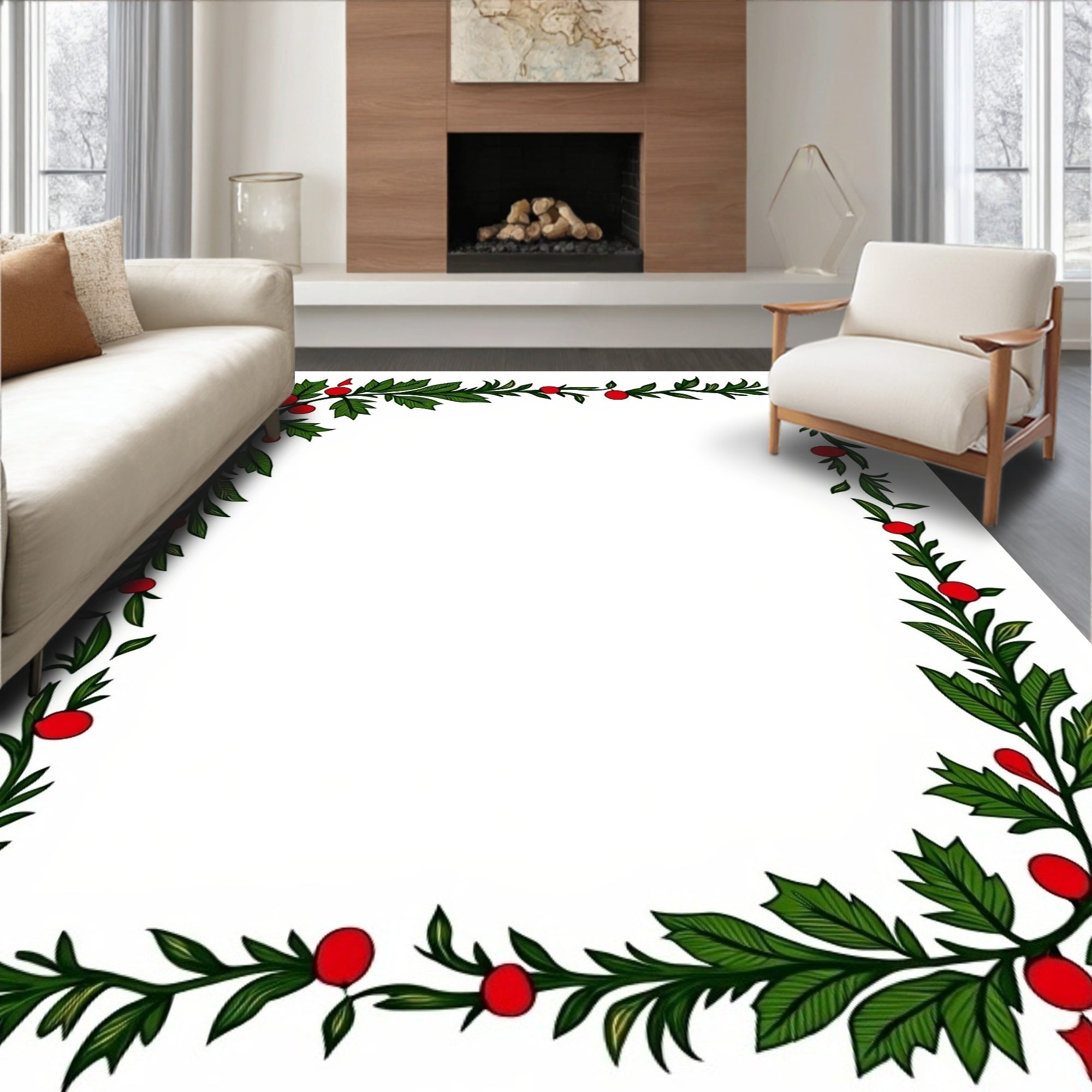 Green Leaf and Red Berry Border Rug