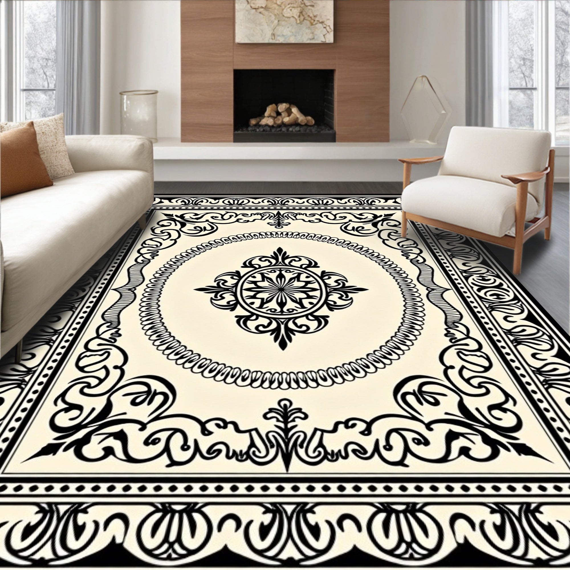 Ornate Scrollwork Medallion Cream Rug