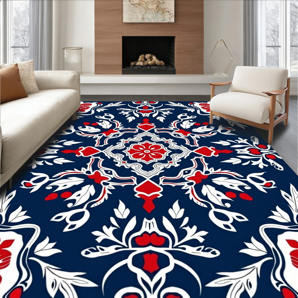 Deep Blue Red White Floral Medallion Rug