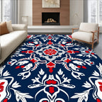 Deep Blue Red White Floral Medallion Rug