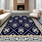 Elegant Navy White Floral Diamond Pattern Rug