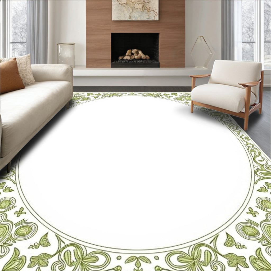 Ornate Floral Scroll Olive Border Rug