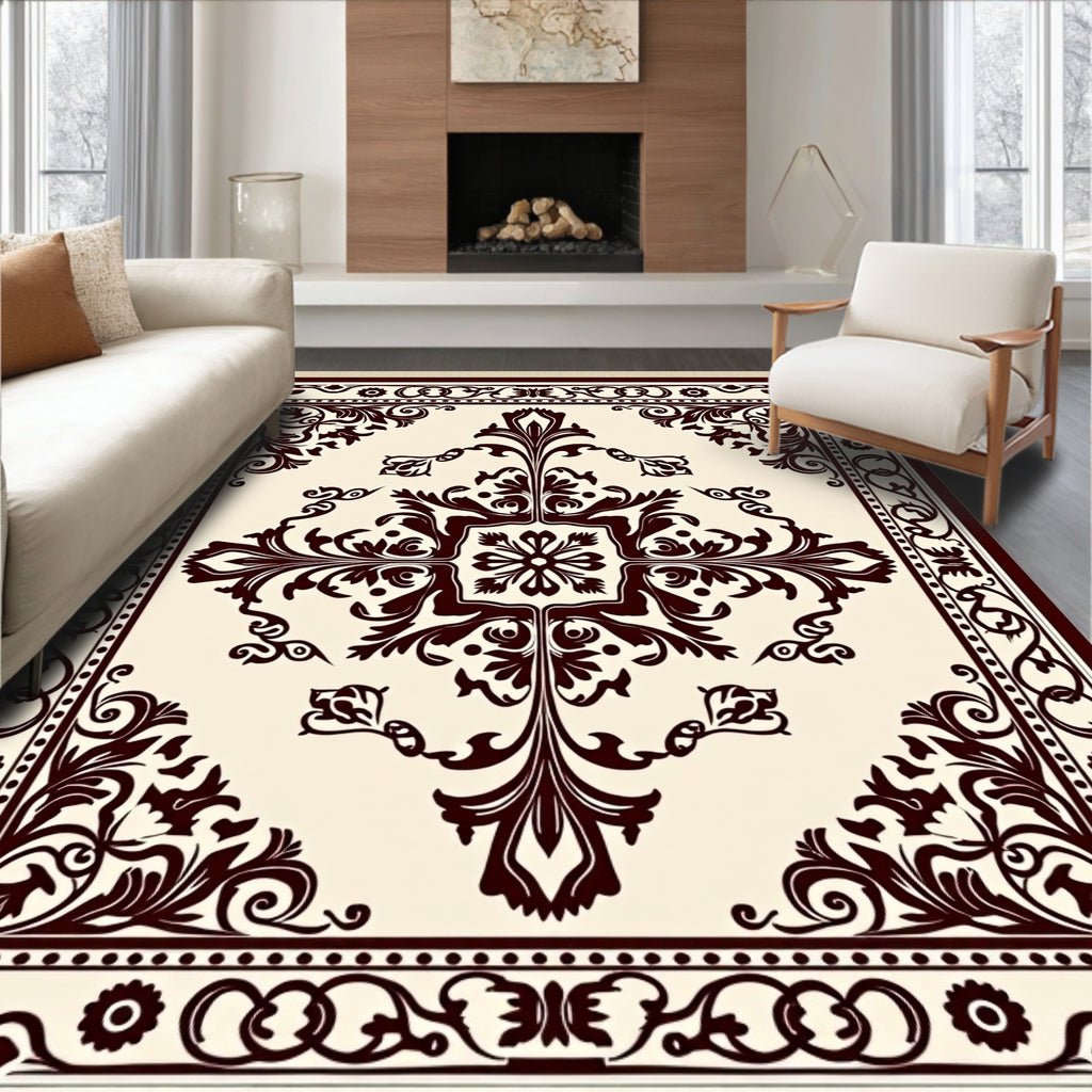 Damask Floral Motif With Cream Maroon Rug