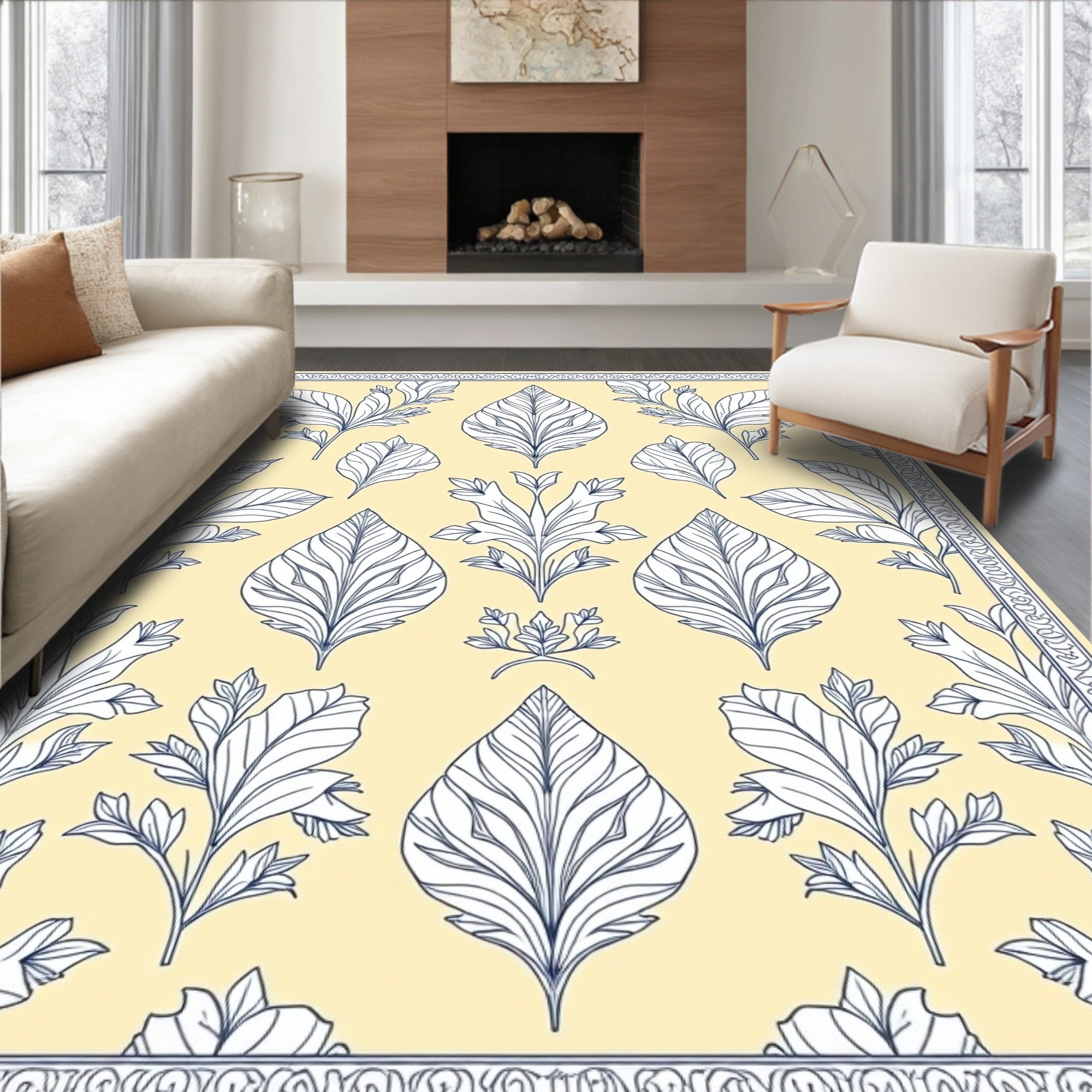 Botanical Border Floral Pattern Rug