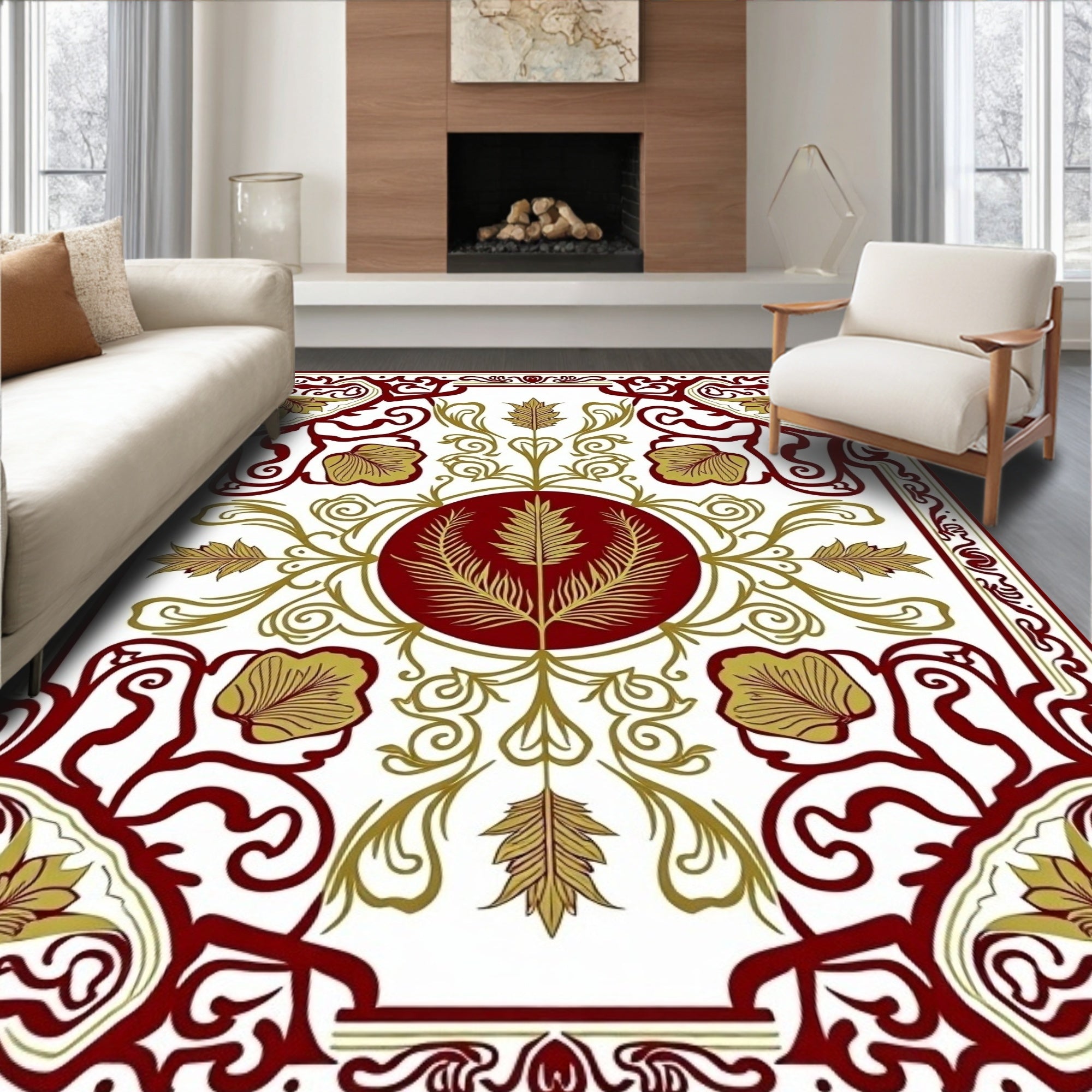 Regal Scarlet and Gold Floral Pattern Rug