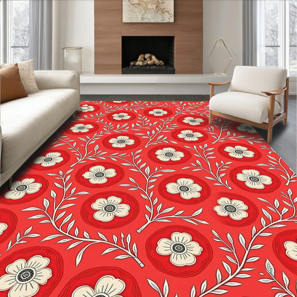 Red Floral Leaf Pattern Rug