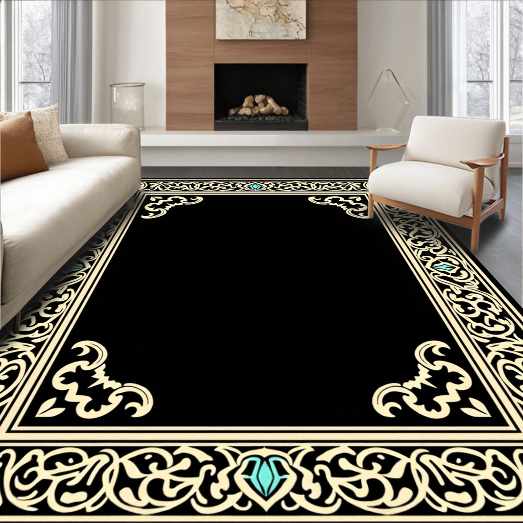 Elegant Cream Beige Scrollwork Frame Rug