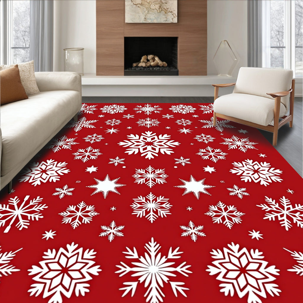 White Snowflakes Patterned Red Rug