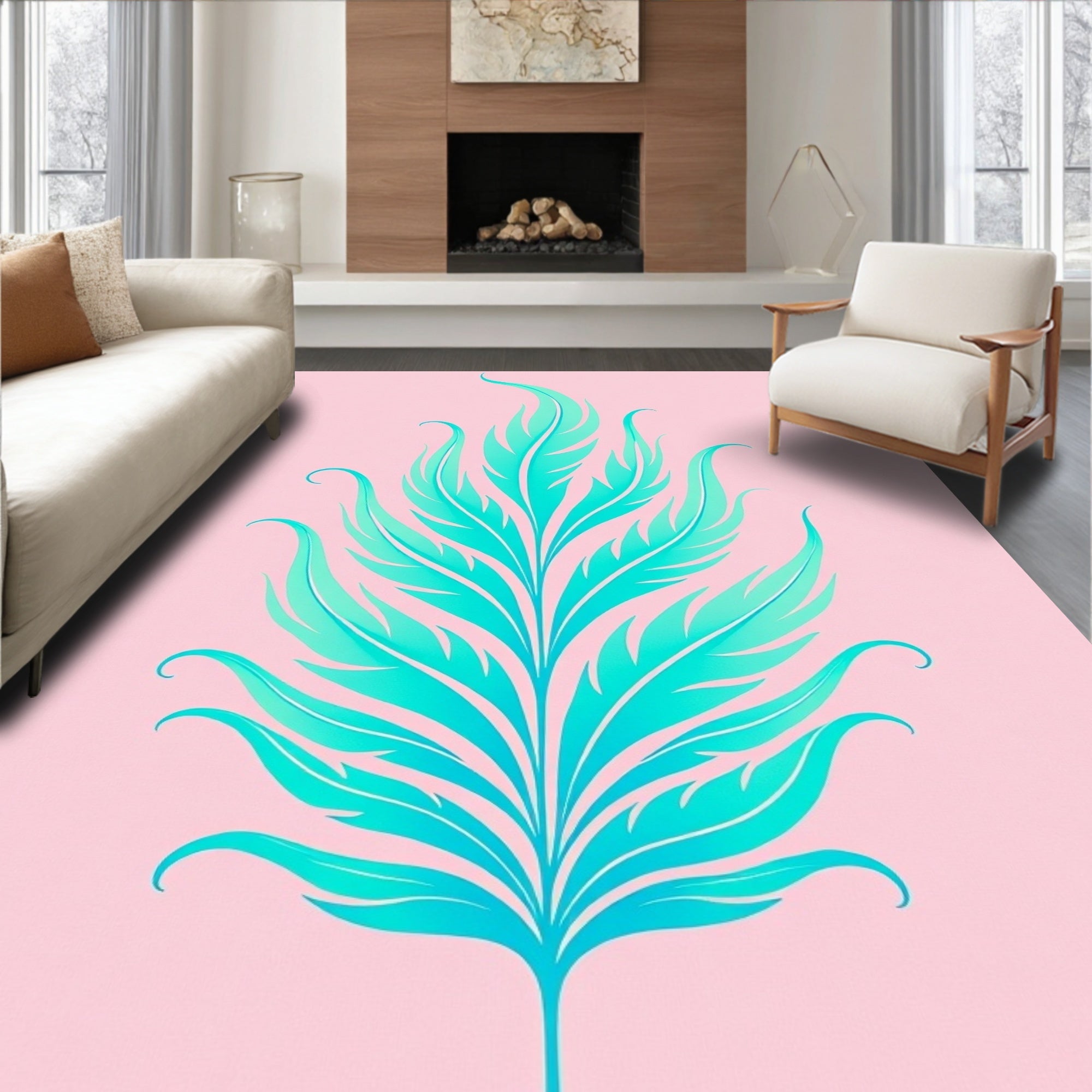 Aqua Feather Botanical Art Rug