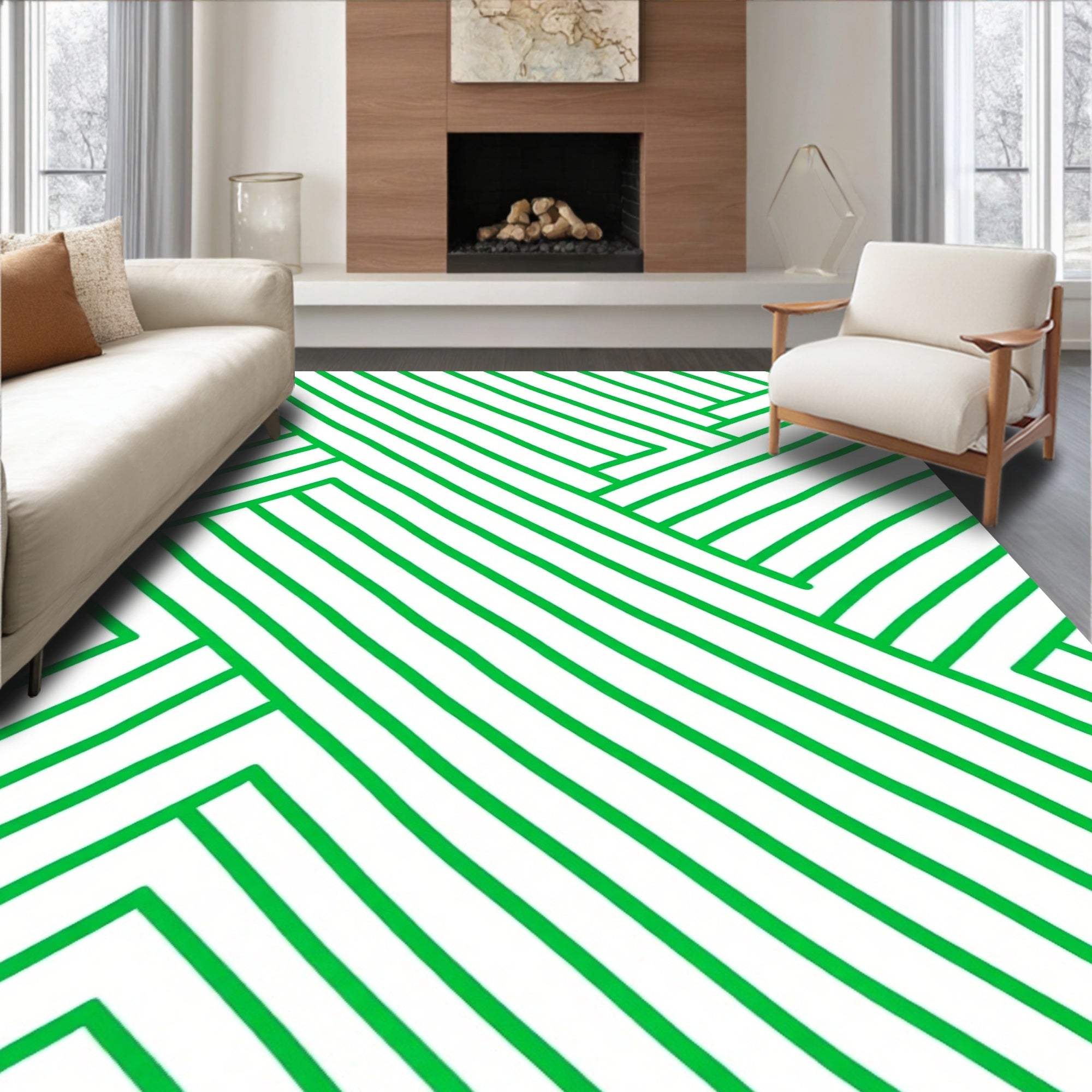 Green Hand Drawn Linear Abstract Rug