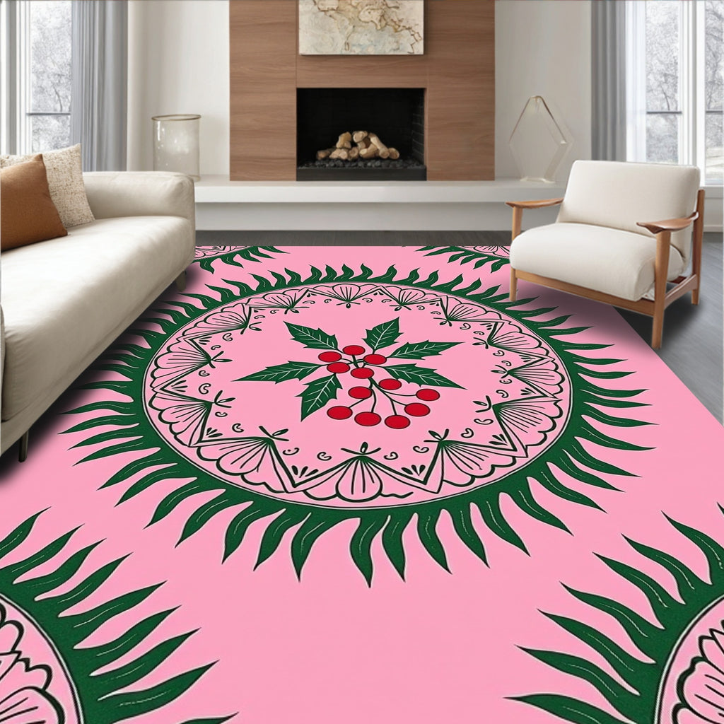 Pink Teal Leaf Mandala Pattern Rug