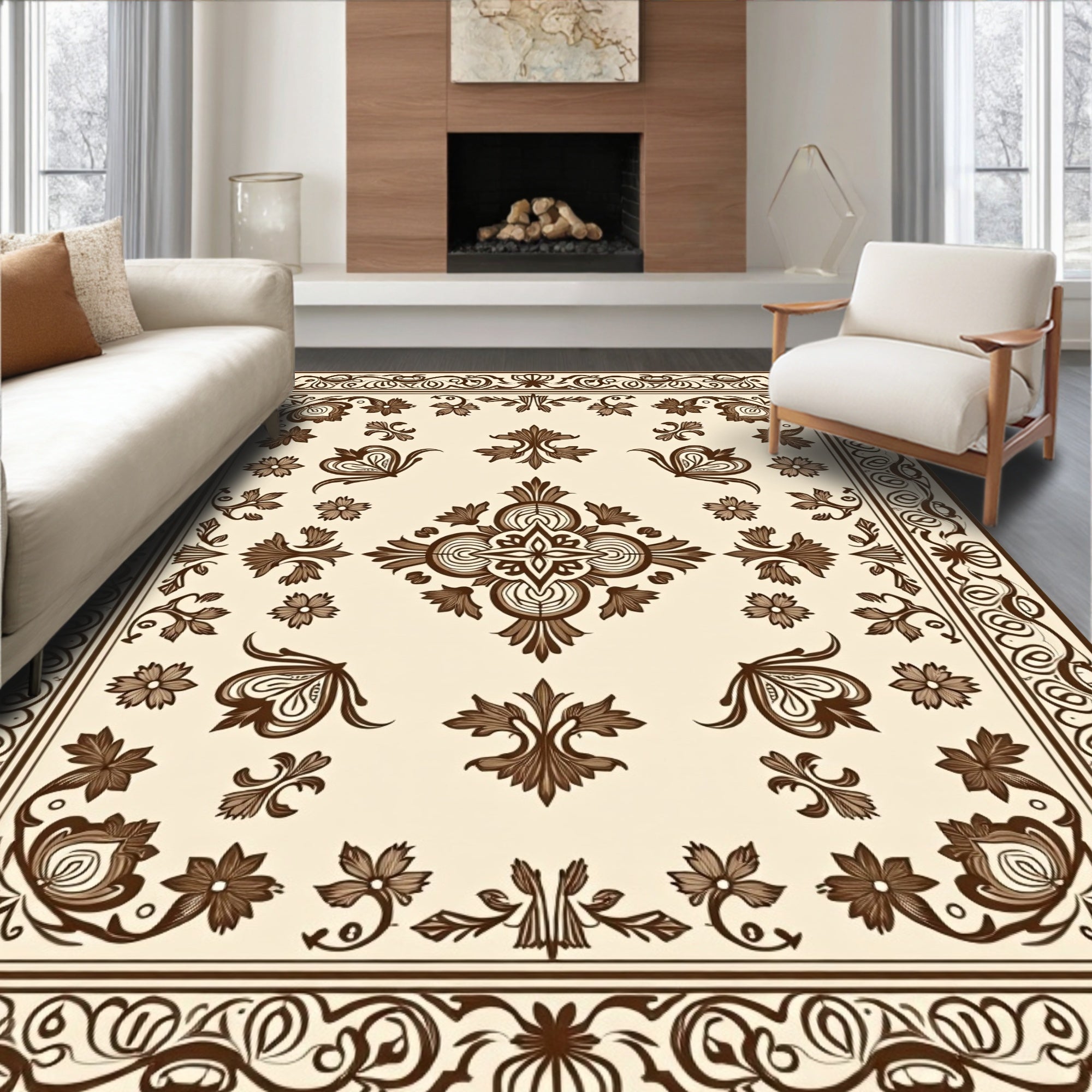 Brown Floral Motif Medallion Rug