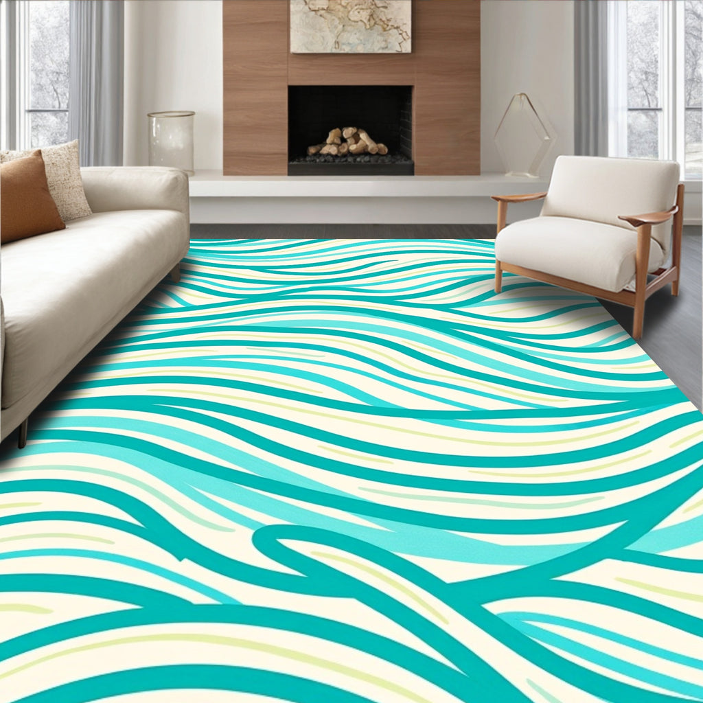 Aqua Blue Winding Lines Pattern Rug