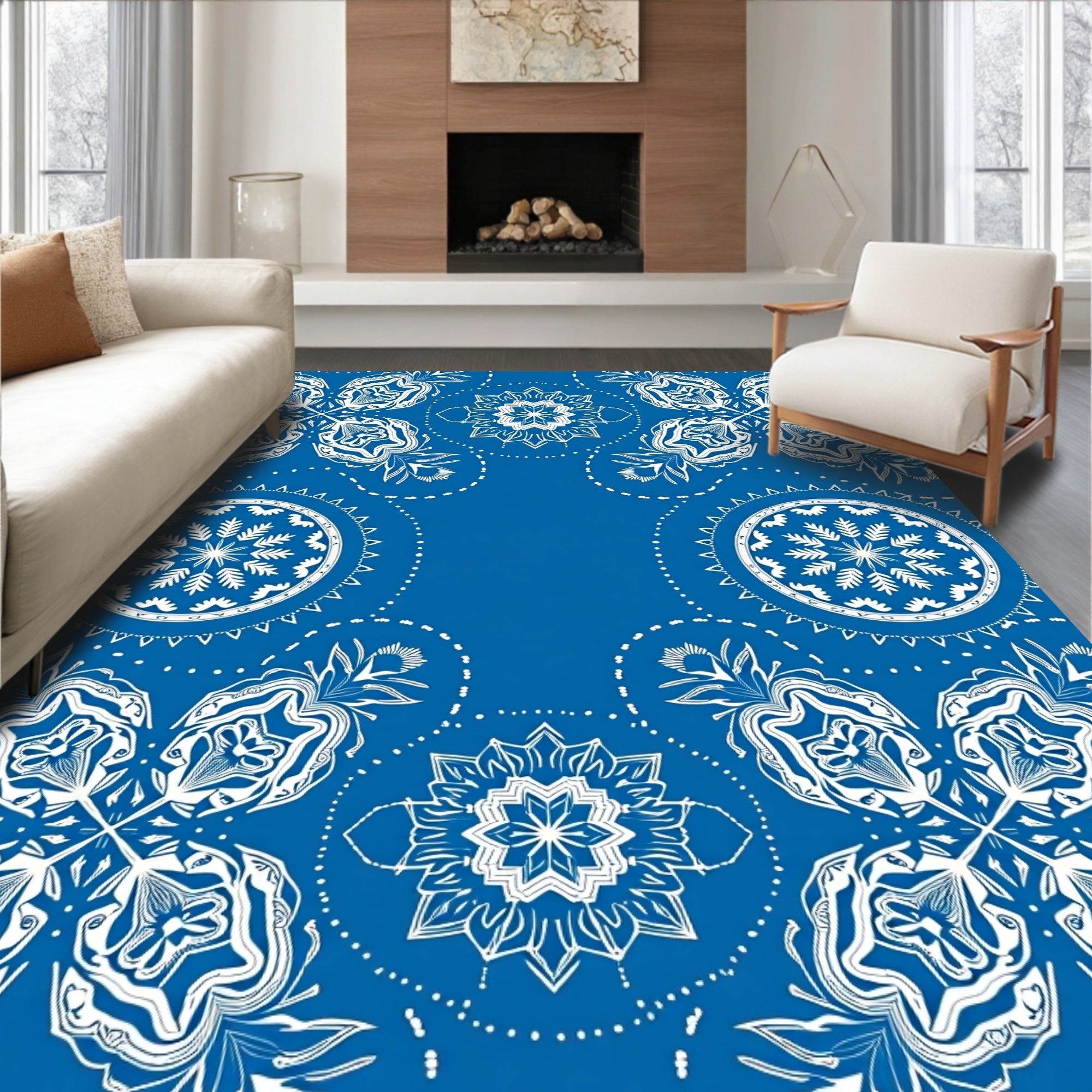 Intricate Blue White Floral Mandalas Rug