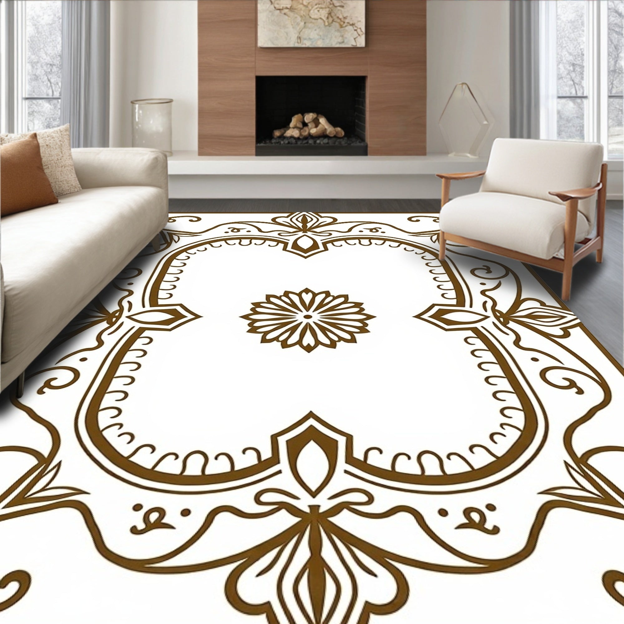 Ornate Floral Detailed Brown Pattern Rug