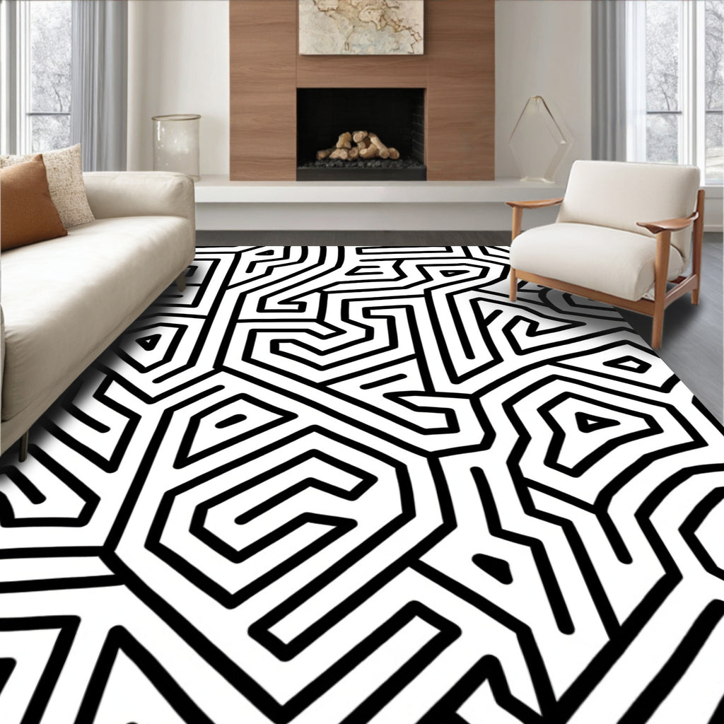 Black White Abstract Maze Pattern Rug
