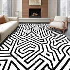 Black White Abstract Maze Pattern Rug