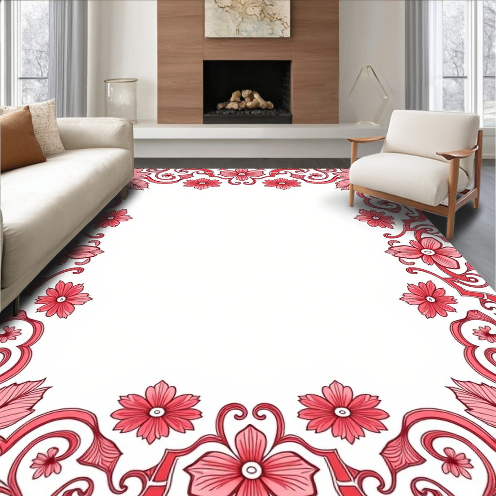 Floral Scrollwork Red Border Design Rug