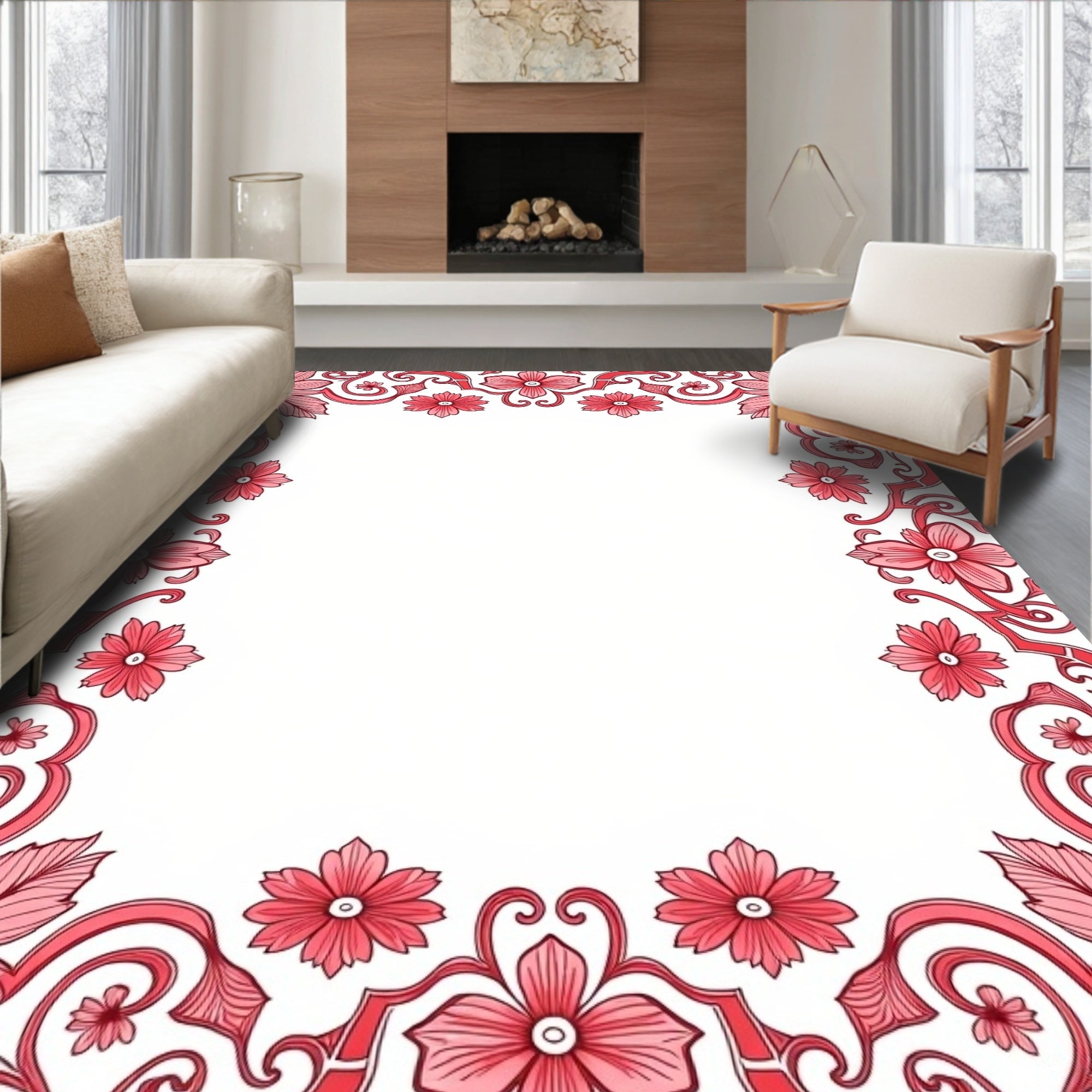 Floral Scrollwork Red Border Design Rug