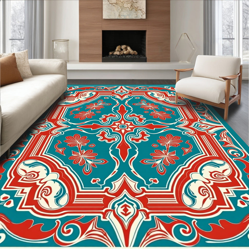 Red Teal Cream Floral Ornate Rug