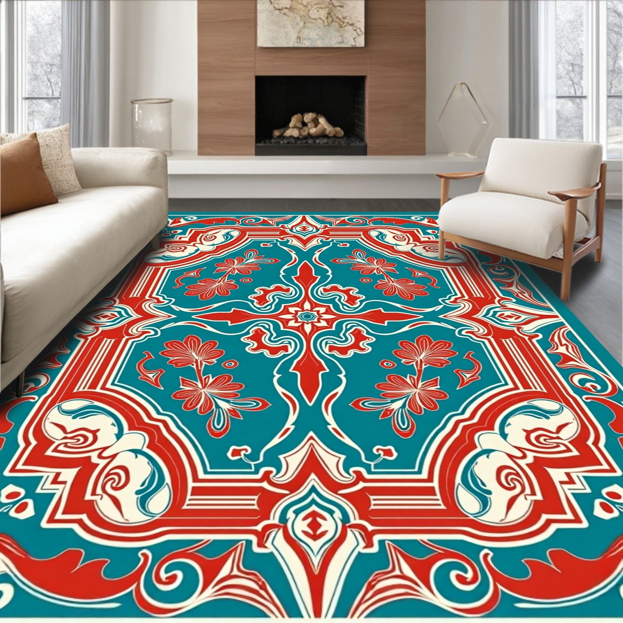 Red Teal Cream Floral Ornate Rug
