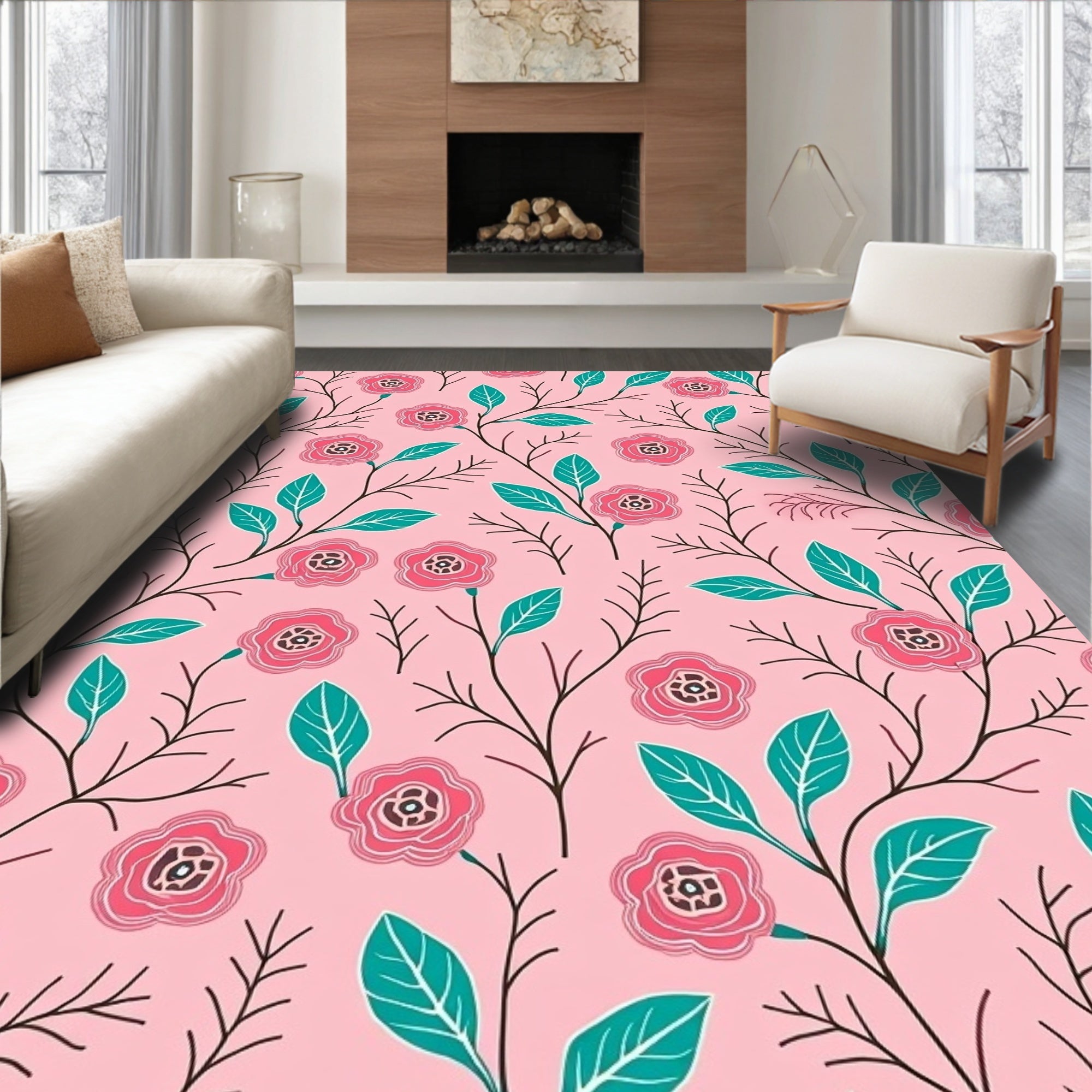 Pink Floral Vine Pattern Rug